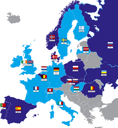 Map of Europe with all societal members of the EOS.